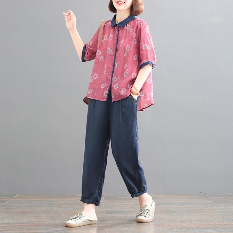 2025 Korean Plus-Size Retro Print Two-Piece Set for Women