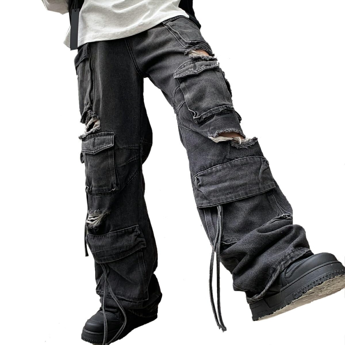 Arcade Distressed Denim Cargo Pants with Multiple Wide Loose Flared Size XL Black Men s Pockets, Leg, Fit, Denim, (LL), чёрный