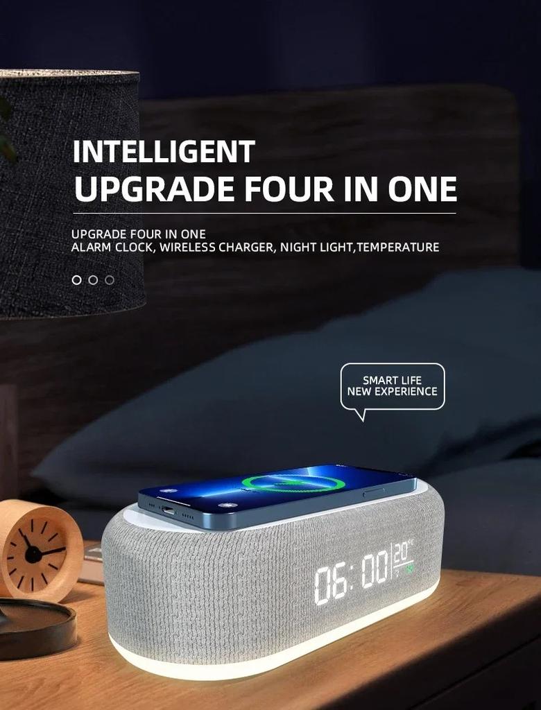 15W Fast Wireless Charging Pad Stand with Night Light Alarm Clock and Temperature Display for Phones