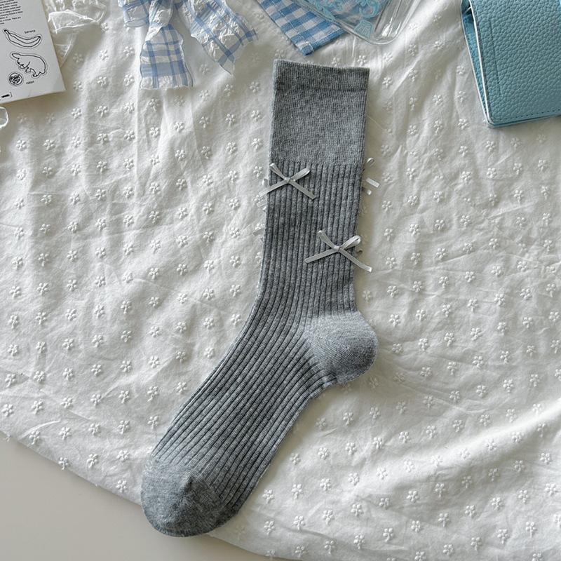 Ballet Style Solid Color Bow Mid Tube Socks Summer Cotton Lightweight Breathable Fashionable Soft Comfortable Casual Women Socks