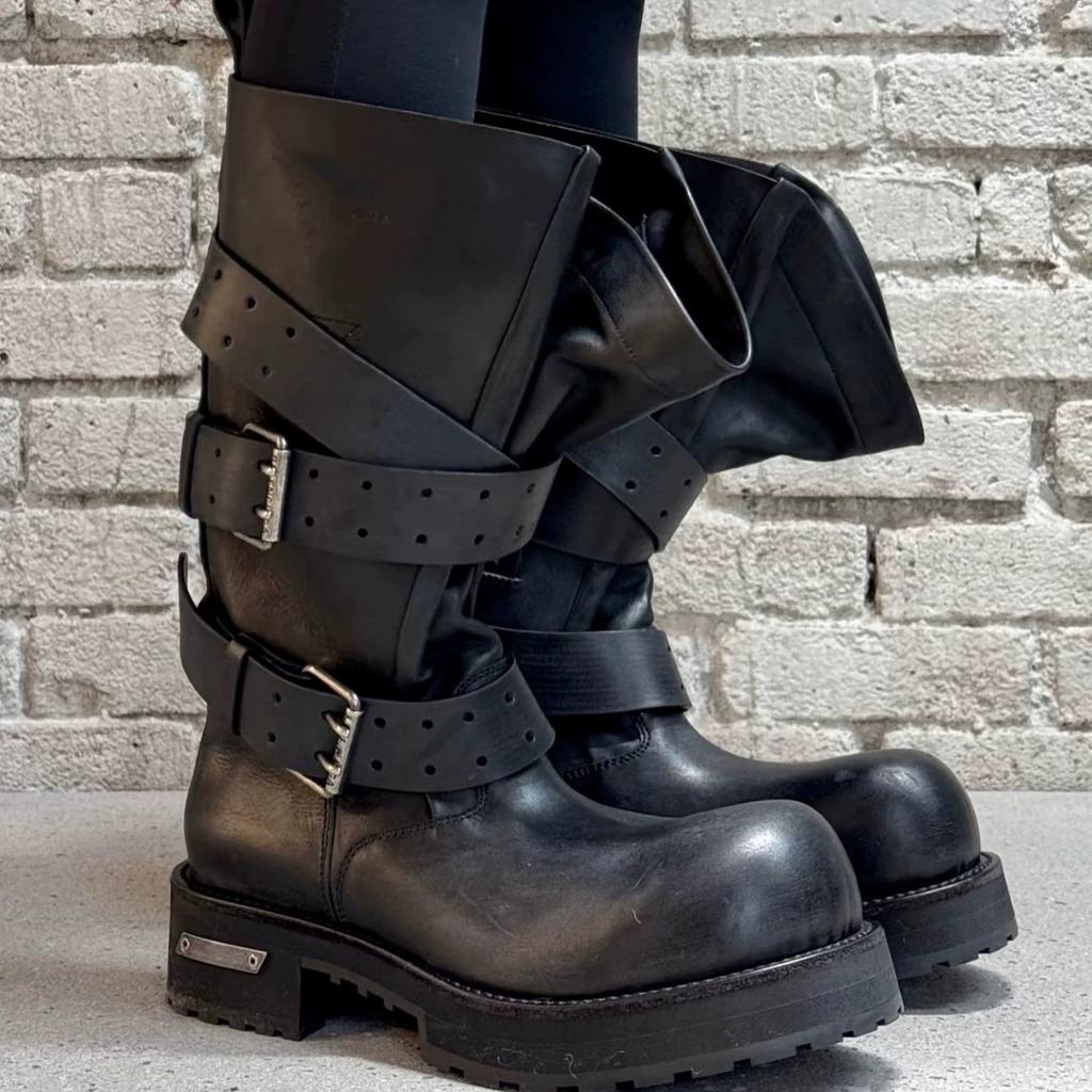 Bajia Retro Belt Buckle Venom Boots Spring and Summer New Bundle Mouth Big Tube Circumference Thick Bottom Heightening Punk Locomotive Boots