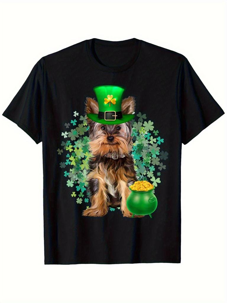 St. Patrick's Day Yorkie Graphic Tee Men Breathable Cotton T-Shirt Irish Dog Clover Print Casual Top