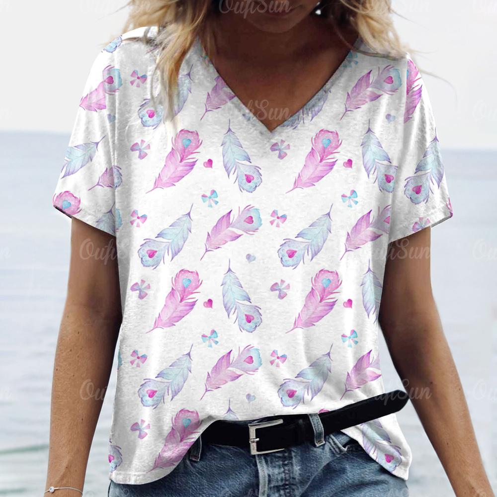 2024 New Women T-shirt Peacock Feather Print Plus Size Top Summer Women's Trend Clothing Fashion Short Sleeve Shirt V-Neck Tees