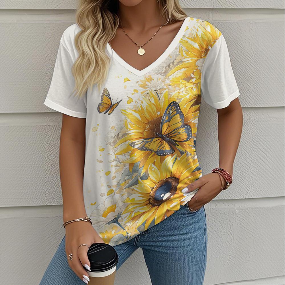 

Летняя градиентная 3D-арт блузка с графическим цветочным принтом, женская, с V-образным вырезом, модная, в стиле ретро, свободная, оверсайз футболка XXXL