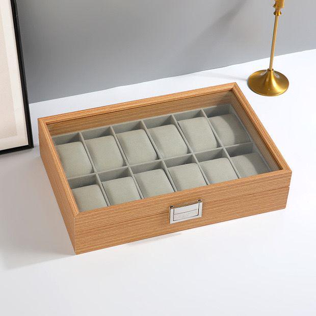 Large-Capacity Wooden Watch Display Box with Glass Lid