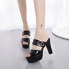 Ladies Leather Sole Slippers Women Sexy High Thick Heel 12cm Mules Black Red White Peep Toe Platform PU Sandals Shoes Breathable