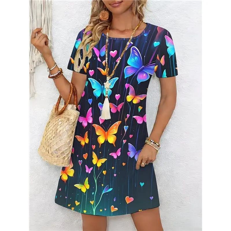 Fashion Women's Crew Neck Dress 3D Butterfly Color Printed Butterfly Dress