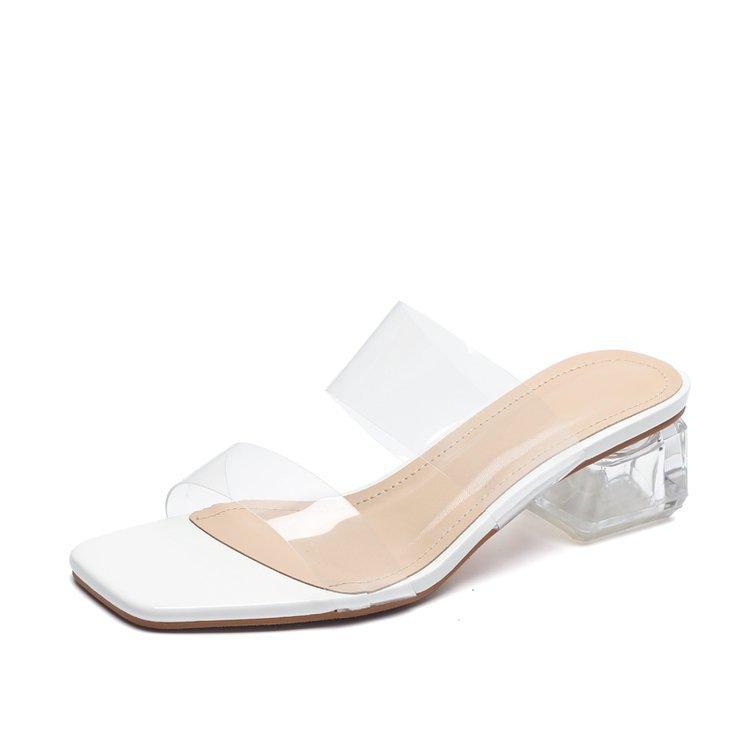 Transparent medium heel crystal shoes high heel sandals new summer fashion thick heel outer wear cool slippers