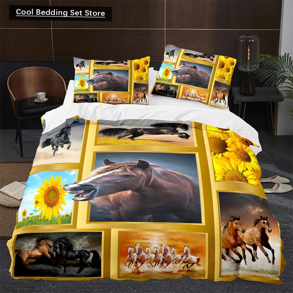 Comforter 3D Horse King Queen Size White Running Horses Pattern Bedding Set For Kids Teens Adults Wild Animal Soft