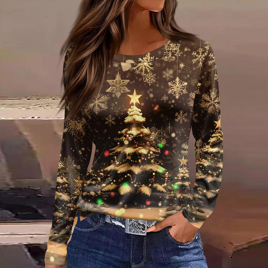 Women's Fashion Hem Slit Casual Christmas Printed Round Neck Long Sleeve Top