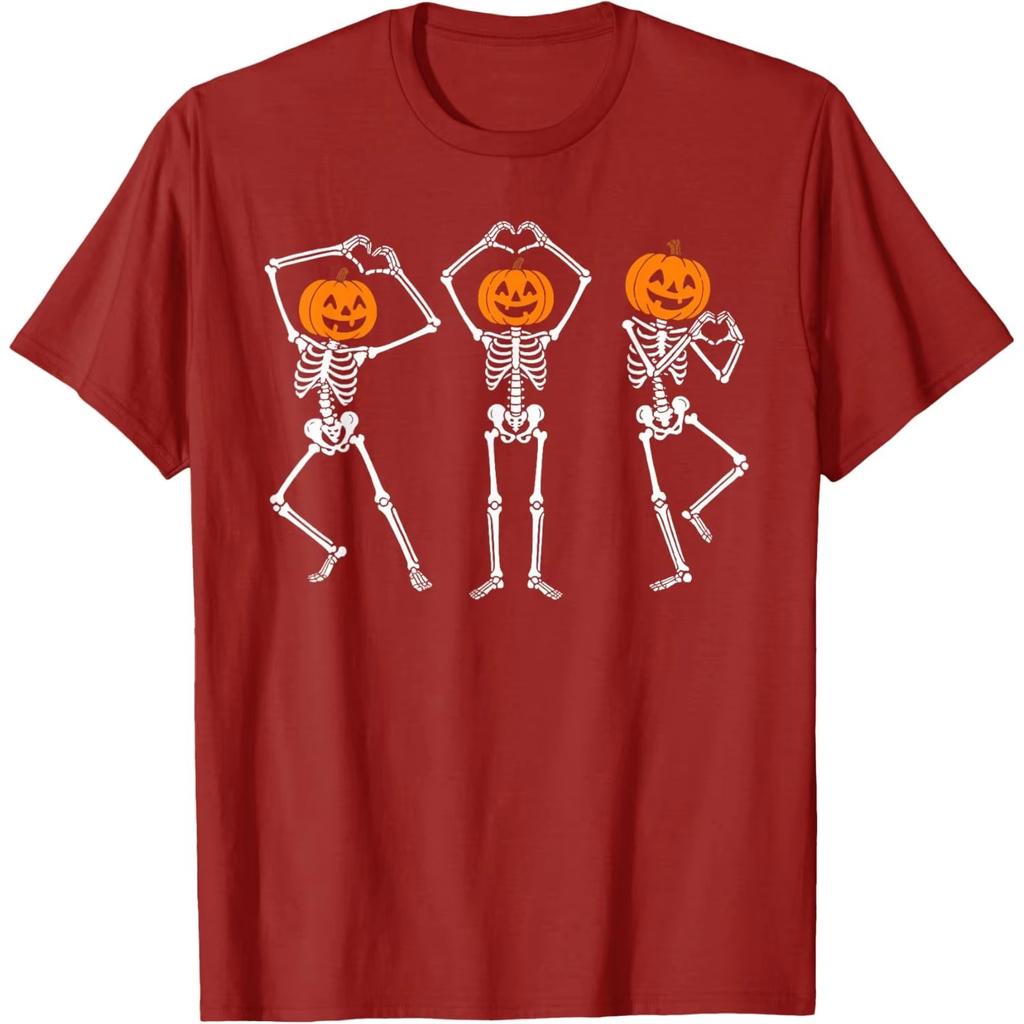 2026 New Funny Skeleton Pumpkin Heart Pose Graphic Print Casual Round Neck Tshirt For Unisex