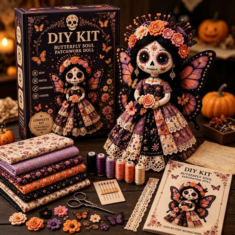 Day Of The Dead Handmade Skull Doll DIY Kit Patchwork Sewing Craft Set for Adult Hobbyist Halloween Party Decor Creative Gift