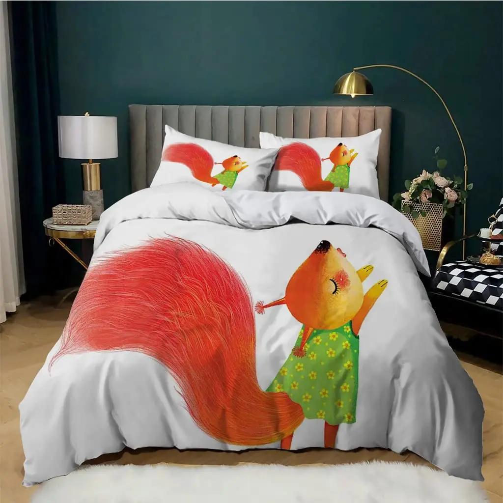 Bettbezug Tiere Cartoon Eichhörnchen Frühlingswiese Wald Fauna Schlafzimmer Dekorativ für Kinder Jungen Mädchen Geschenk Queen Size