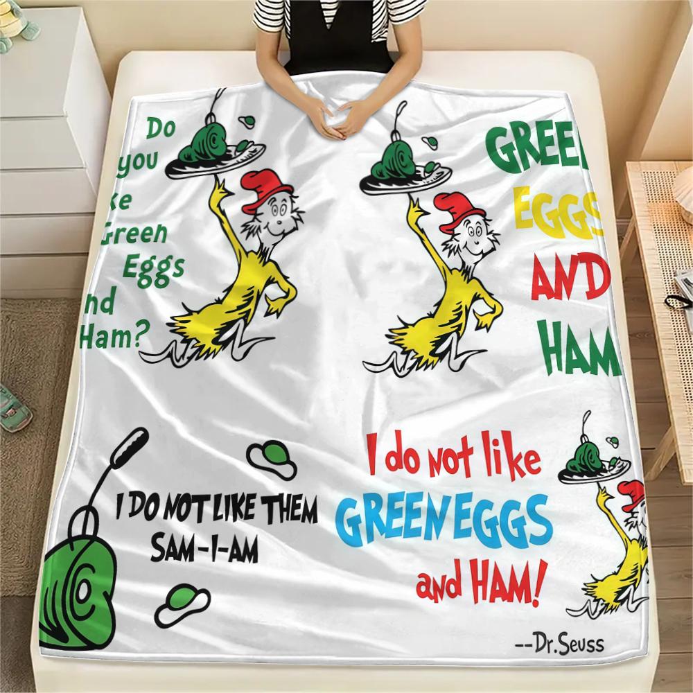1PC Green Eggs and Ham Print Flannel Blanket, High quality All Seasons, Home Decor, Warmth and Comfort, Perfect for Christmas Gifts