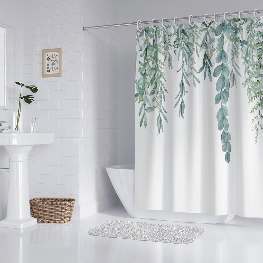Green Leaf Vine Waterproof Mildew-resistant Shower Curtain, Punch-free Blackout Curtain - Polyester.