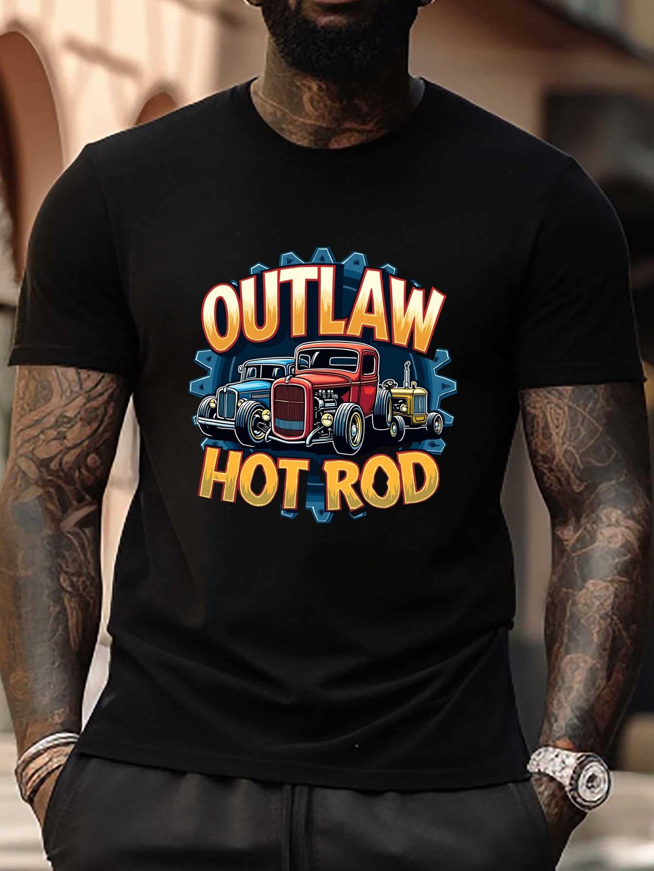 

Outlaw Hot Rod Vintage Car Graphic T-shirt - Plus Size Short Sleeve Casual Tee with Bold Geometric Design XXXXL