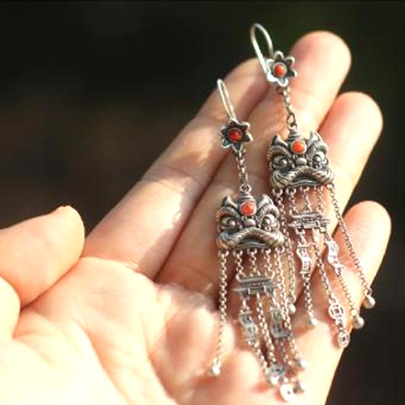 

Китайский стиль Восточный Лев Пробуждение Винтажные Серьги-Кисточки Старинные Модные Серьги Универсальные Заушники Современные Украшения Для Ушей