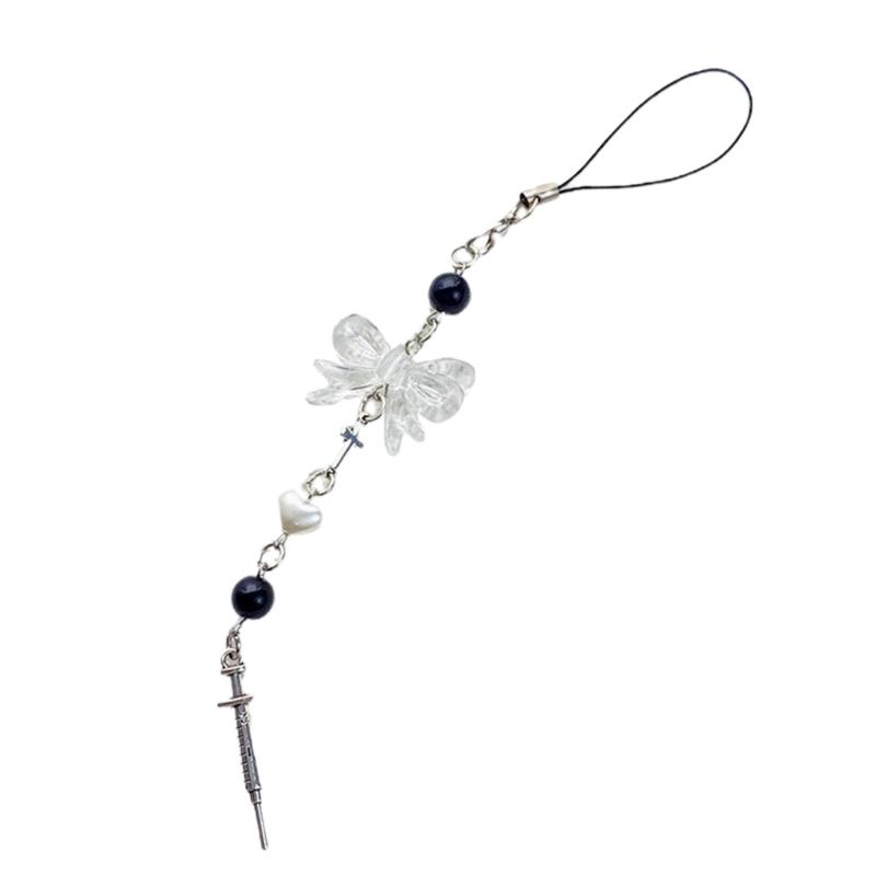 Telefon sjarmstropp nøkkelring Kawaii-søt nøkkelring lanyard streng svart cross-bue beaded kjede lanyard Y2K for kvinner jente