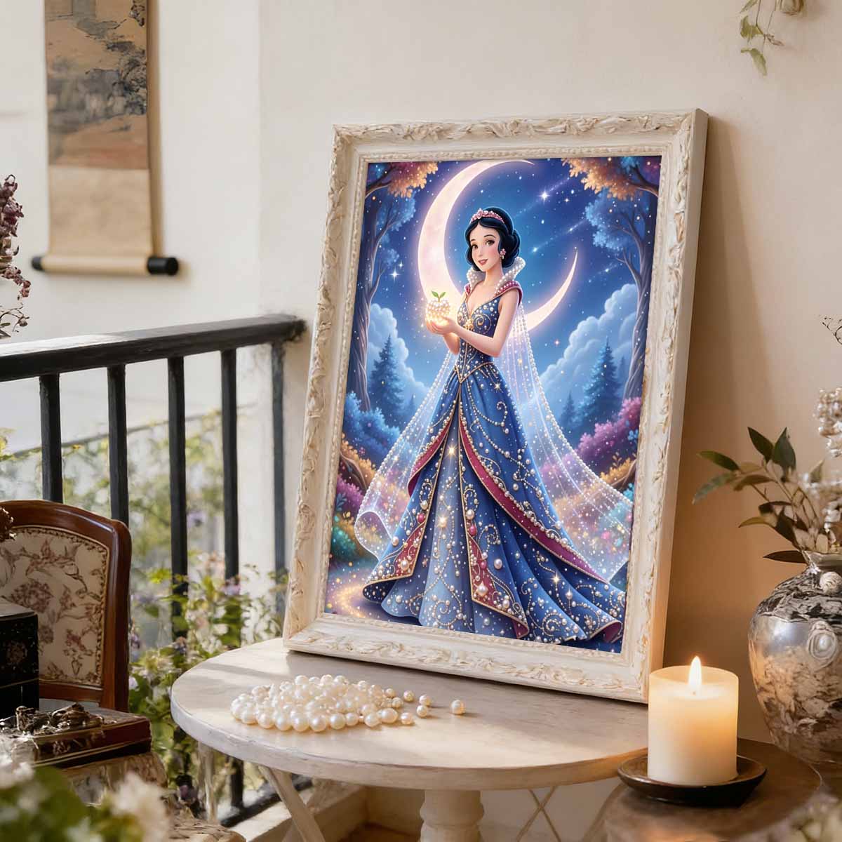 

Disney Snow White Series Pearl Inlaid Frameless Art | Moon & Star Fantasy Apple Accents | Elegant Wall Decor for Adult Study & Entryway 35x45cm