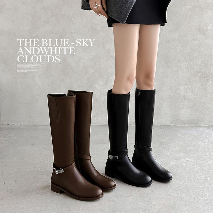 Autumn and winter new lock buckle knight boots low heel round head boots belt buckle cowhide high boots slim and tall boots women