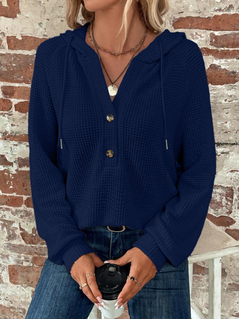 Women's Autumn New Solid Color Long Sleeve Jacket with Hooded Button Waffle Loose Hoodie