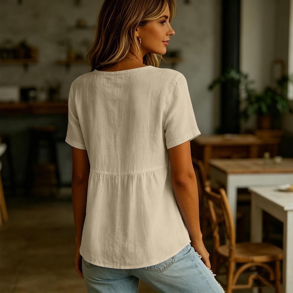 Women's Fashion V-Neck Button-Down Short-Sleeve -Color Casual Top
