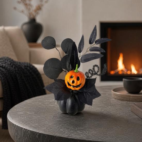 Halloween Spooky Pumpkin Decoration, Eyeball Pumpkin Figurine with Black Artificial Leaves, Holiday Party Ornament for Home, Office, Haunted House