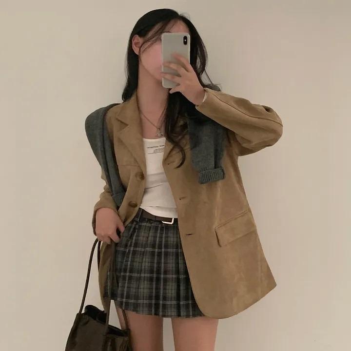 Vintage Korean Style Autumn Blazer Women Loose Fit Long Sleeve Coat with Double Pockets Elegant Office Wear