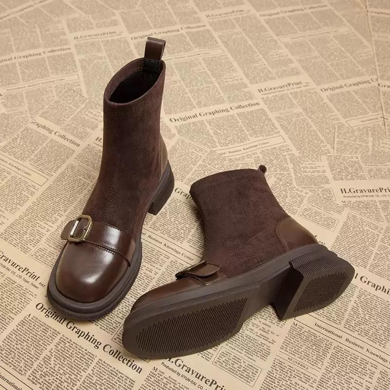 Autumn Women Knit Ankle Boots Fashion Metal Decoration Slimming Short Booties Autumn Winter Thick Heel Shoes