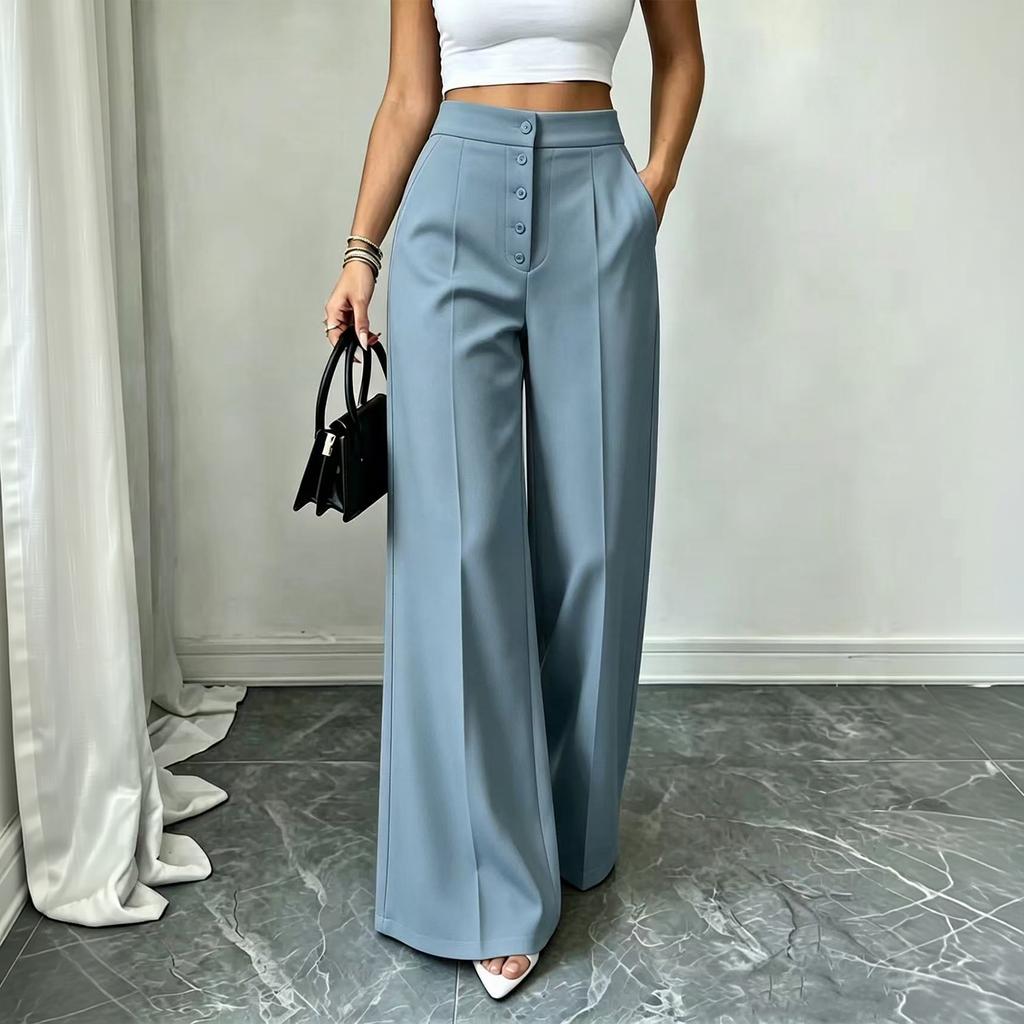 Women's High Wide Leg Pants with Button Pockets Color Casual Trousers for Commute