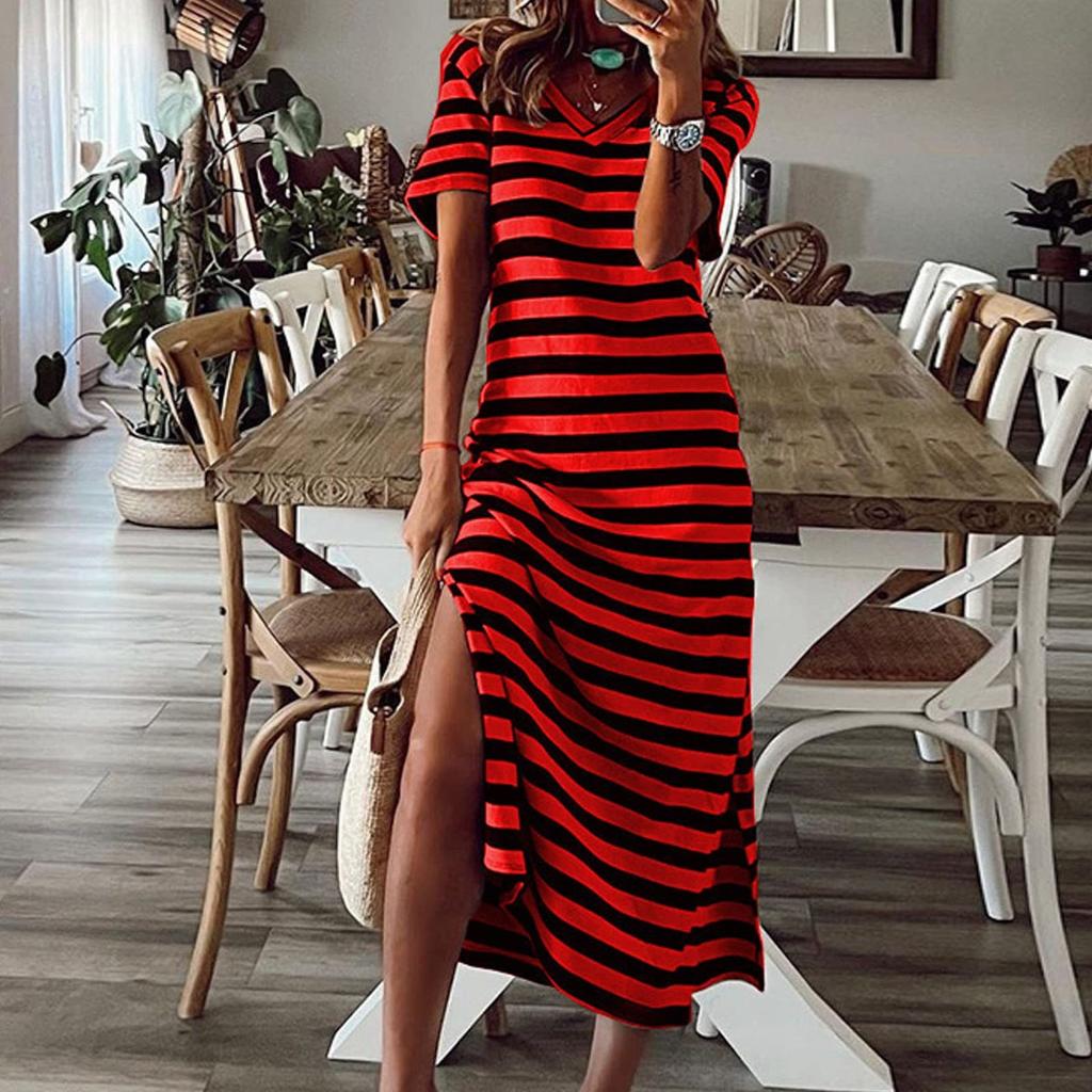 Women's Striped Side Slit Midi Dress V Neck Short Sleeve Casual Holiday Loose Dress
