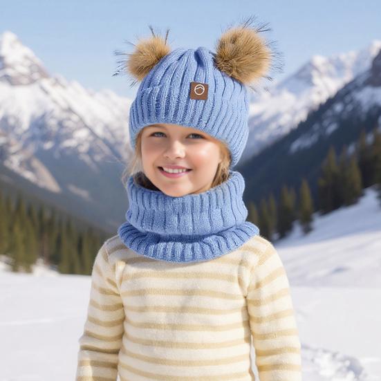 3Pcs/Set Children Winter Hat Scarf Gloves Set Plush Lining Fluffy Ball Decoration Knitting Hat Neckerchief Gloves Set