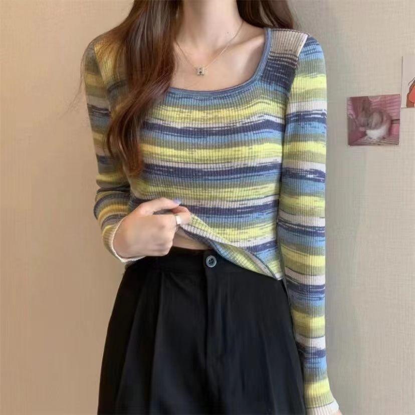 

Женская футболка с длинным рукавом в полоску с цветовыми блоками, весенний дизайн, нишевая, облегающая, шикарный топ, трикотаж, трендовый 2XL