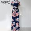 QICED Damen Sommerkleid Bodenlang, mit einem floralen Druck Kurzarm O-Ausschnitt Freizeitkleider