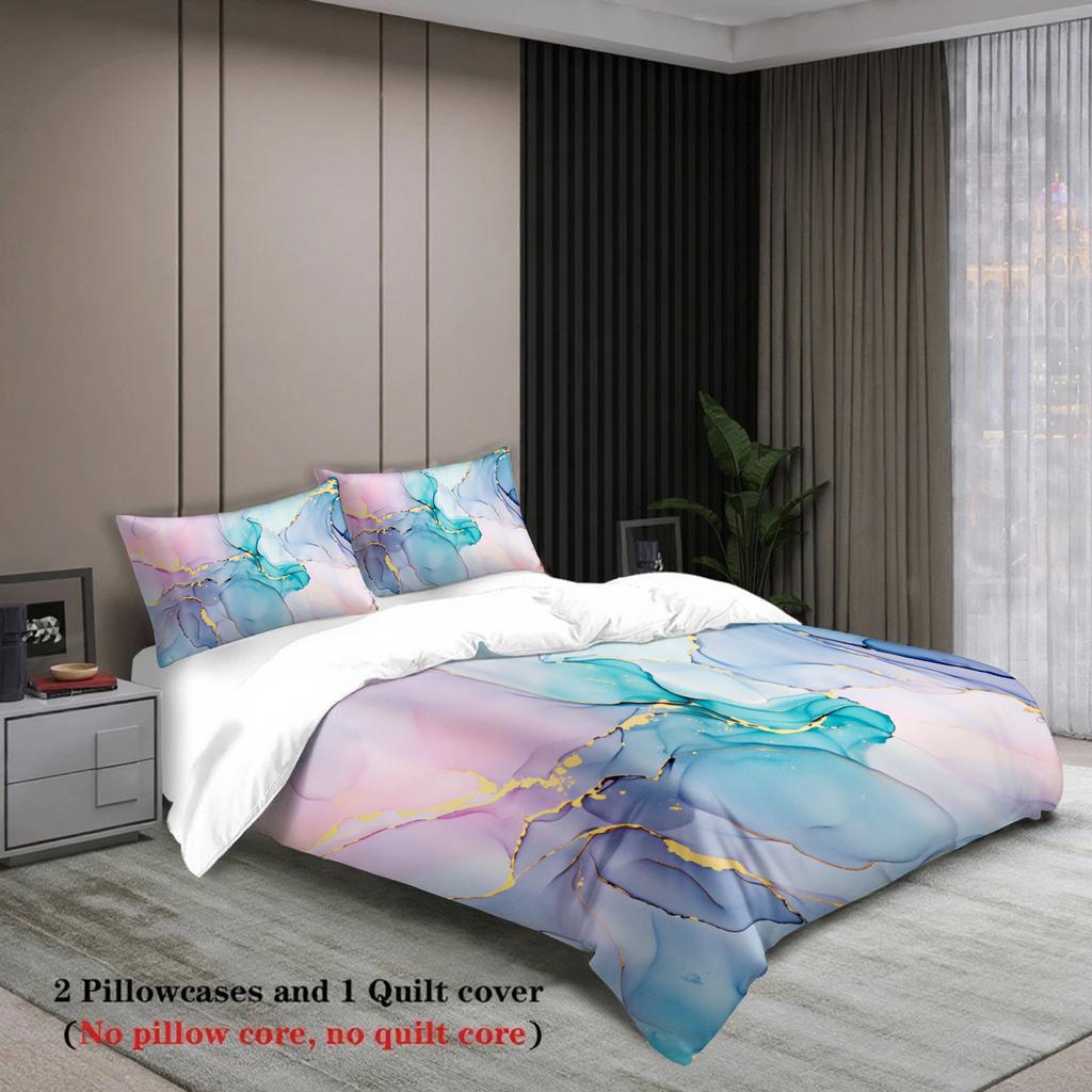 Abstract Art Bedding Set Blue Pink Purple Gold Marble Pattern Bedding With Duvet Cover & Pillowcases For Bedroom