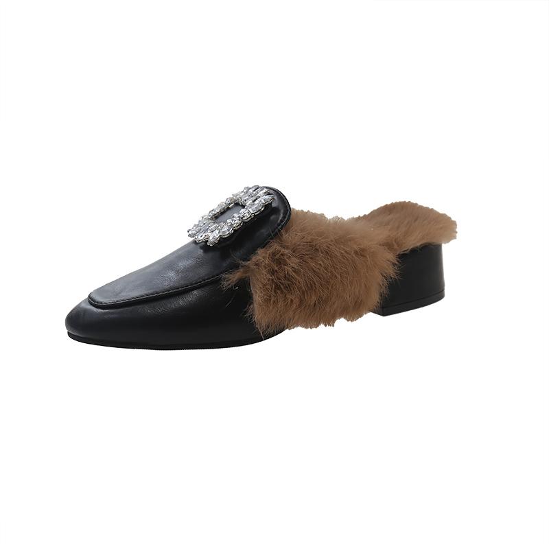 Fashion Aphixta Crystal Buckle Dec Warm Winter Real Rabbit Fur Plush Women Slippers Furry Mules Shoes Square Toe Square Heel Hair Slides