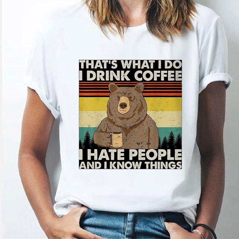 Women Tshirt Drink Coffee Cartoon Bear Print Harajuku Summer Tshirts Casual O-Neck Short Sleeve Tops Tee T Shirt Custom T-Shirt