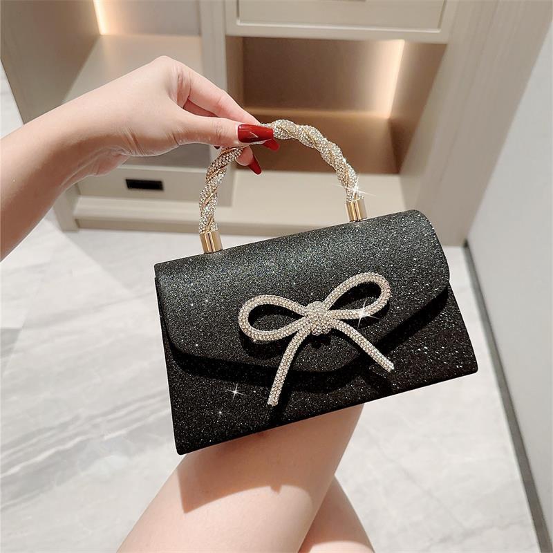 

Fashion Rhinestone Bow Evening Bag Shoulder Bags Glitter Gold Silver Black Chain Crossbody Bag High-end Luxury Women Clutch Bags чёрный