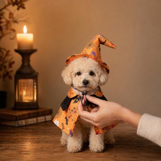 Jijijing 1 Set Halloween Pet Costume, Adjustable Wizard Hat And Cape, Cute Pumpkin Ghost Prints, Fun Outfit for Small Dogs Cats Festive Apparel