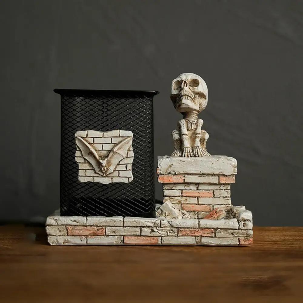 Funny Halloween Skull Pen Holder Scary Skeleton Statue Ornament Home Desktop Decoration