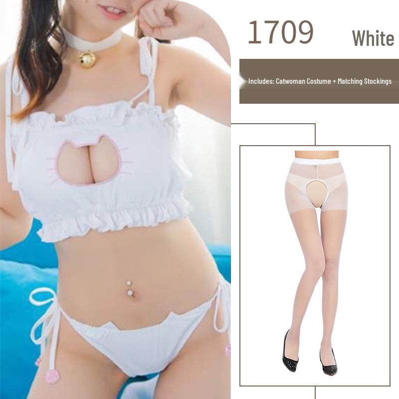 Mulanqing Sexy Open Cup Cat Maid Lingerie Set - COS Role Play Thong Costume