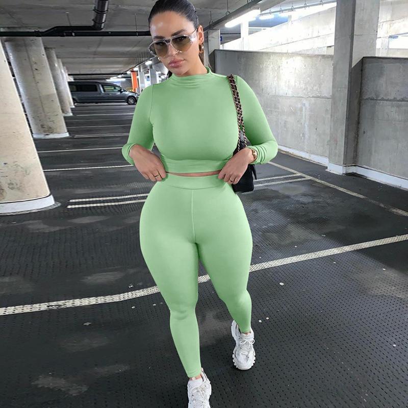 VEZFAA Women's Fashion Casual Spring Autumn Solid Color Print Long Sleeve O-Neck Trousers Pants Suits