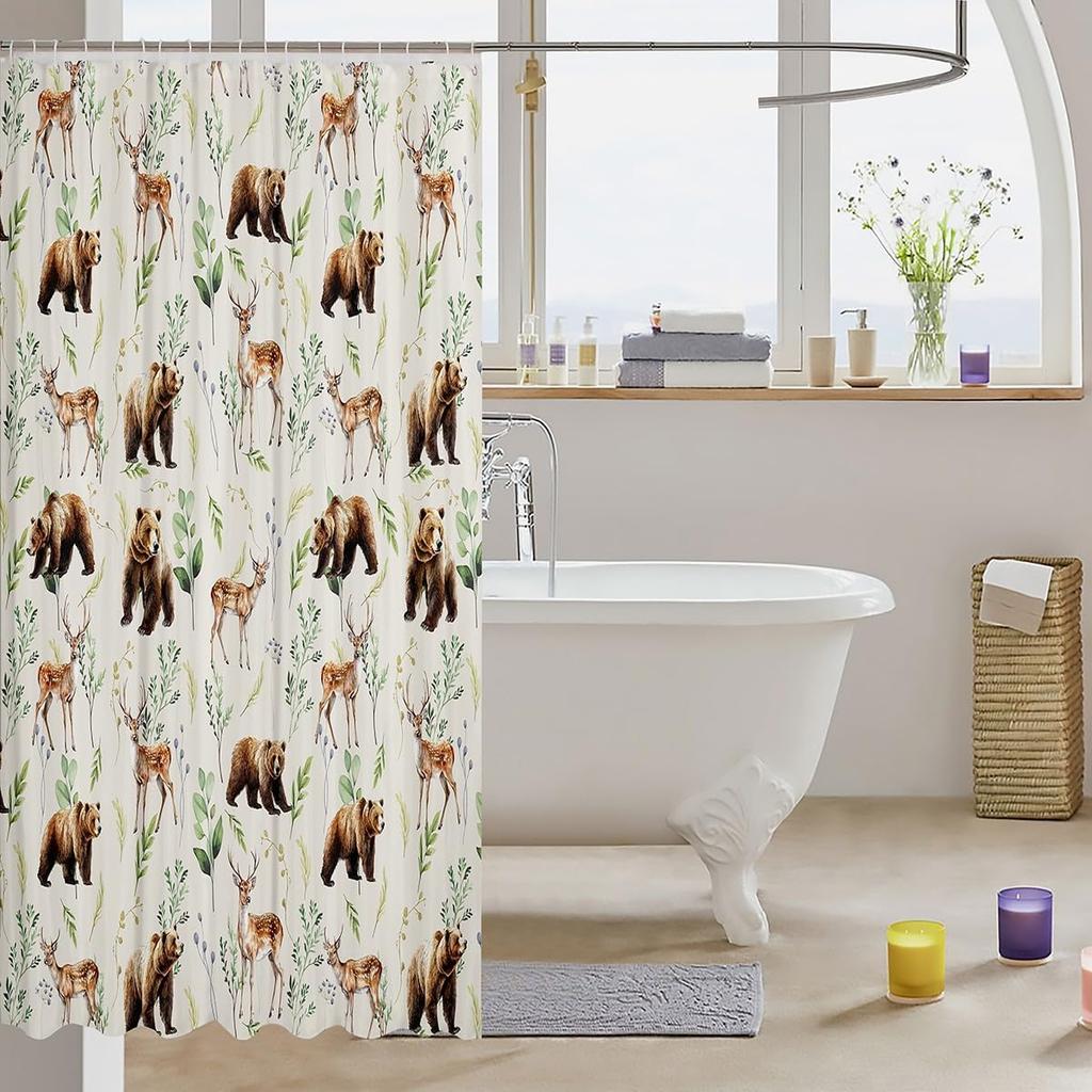 Erosebridal Bear Deer Hunting Shower Curtain,Cute Woodland Animal Waterproof Bathroom Curtains,Botanical Farmhouse Fabric Shower