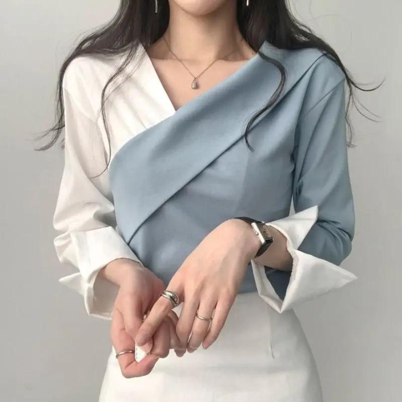 Women's Khaki White Color Block Asymmetric V-Neck Blouse Long Sleeve Cuff Detail Casual Slim Top