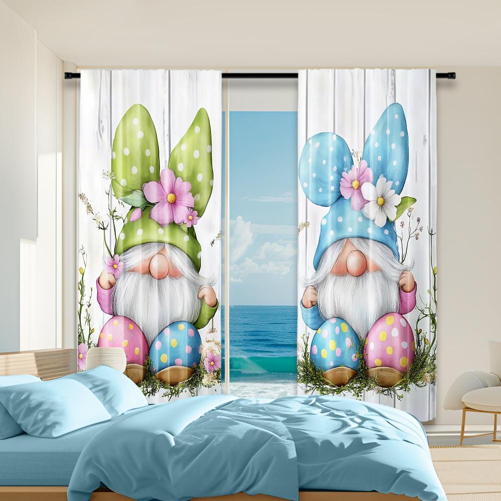 

2 шт. Пасхальный гном с кроликами, принт, оконная занавеска для спальни, офиса, кухни, гостиной и кабинета, с отверстием для карниза 29x65in(75x166cm)