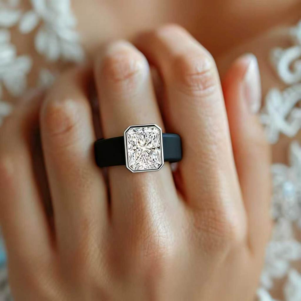 14K golden plated women's ring; minimalist princess-cut  CZ black silicone ring; perfect for everyday , anniversaries