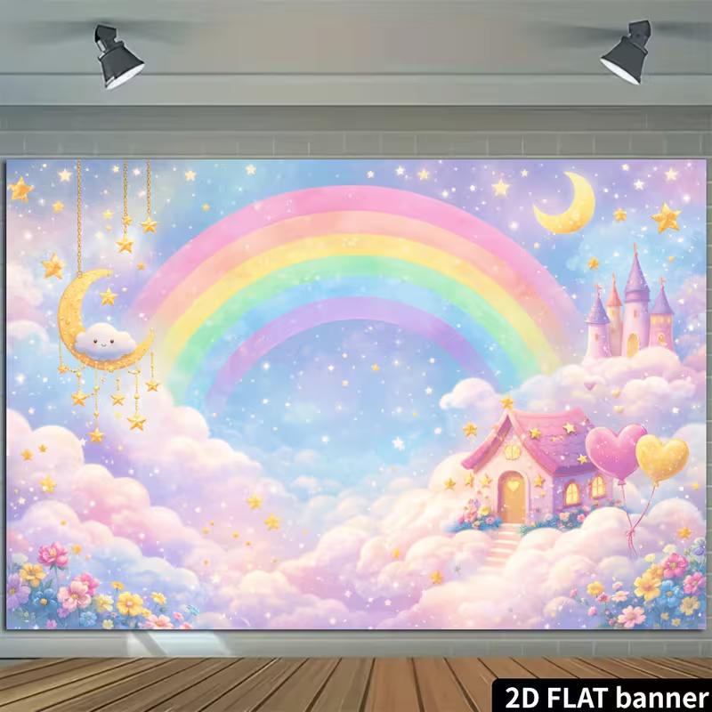 2D Rainbow Castle Baby Photo Backdrop Baby Shower Decor Cloth