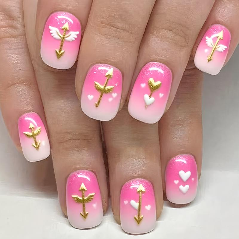Valentine s Day Cupid s Arrow Nails: 24 Gold Gradient Pink Square Nails with Romantic Atmosphere Art