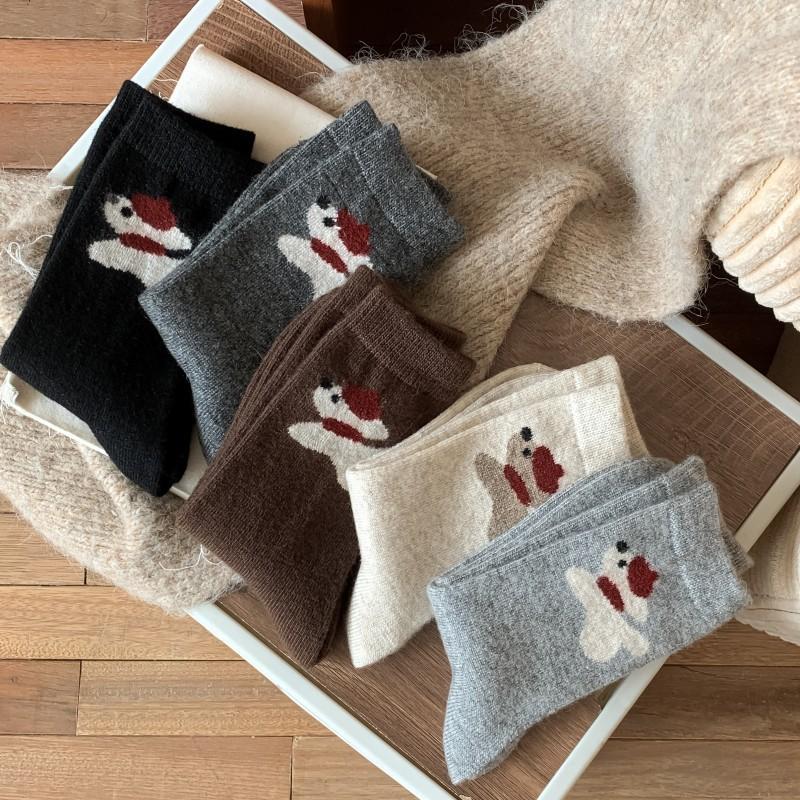 Wool Socks Medium Tube Socks Warm Thick Socks Cute Cartoon Scarf Puppy Boneless Coffee Women'S Socks