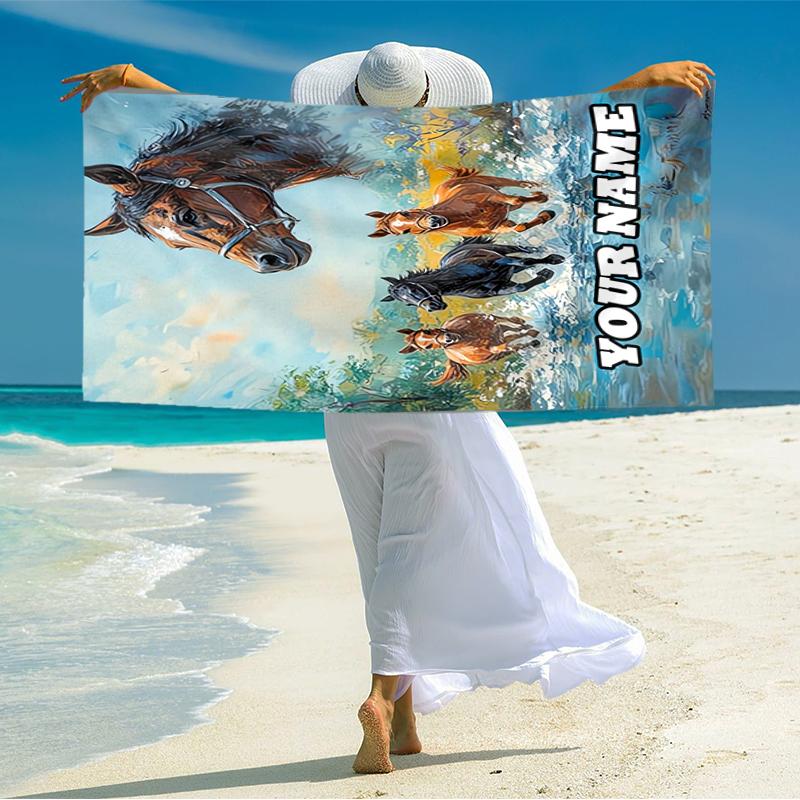 1PC Custom Name Horse Family Free Beach Towel Highly Absorbent And Sand-Resistant Towel for Swimming, Pool, Yoga, And Travel Lightweight